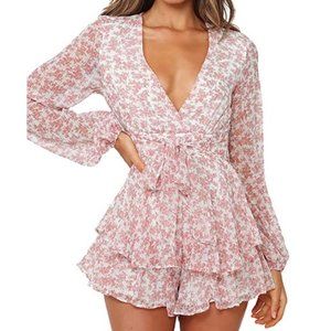 V-Neck Long Sleeve Ruffle Hem Floral Romper